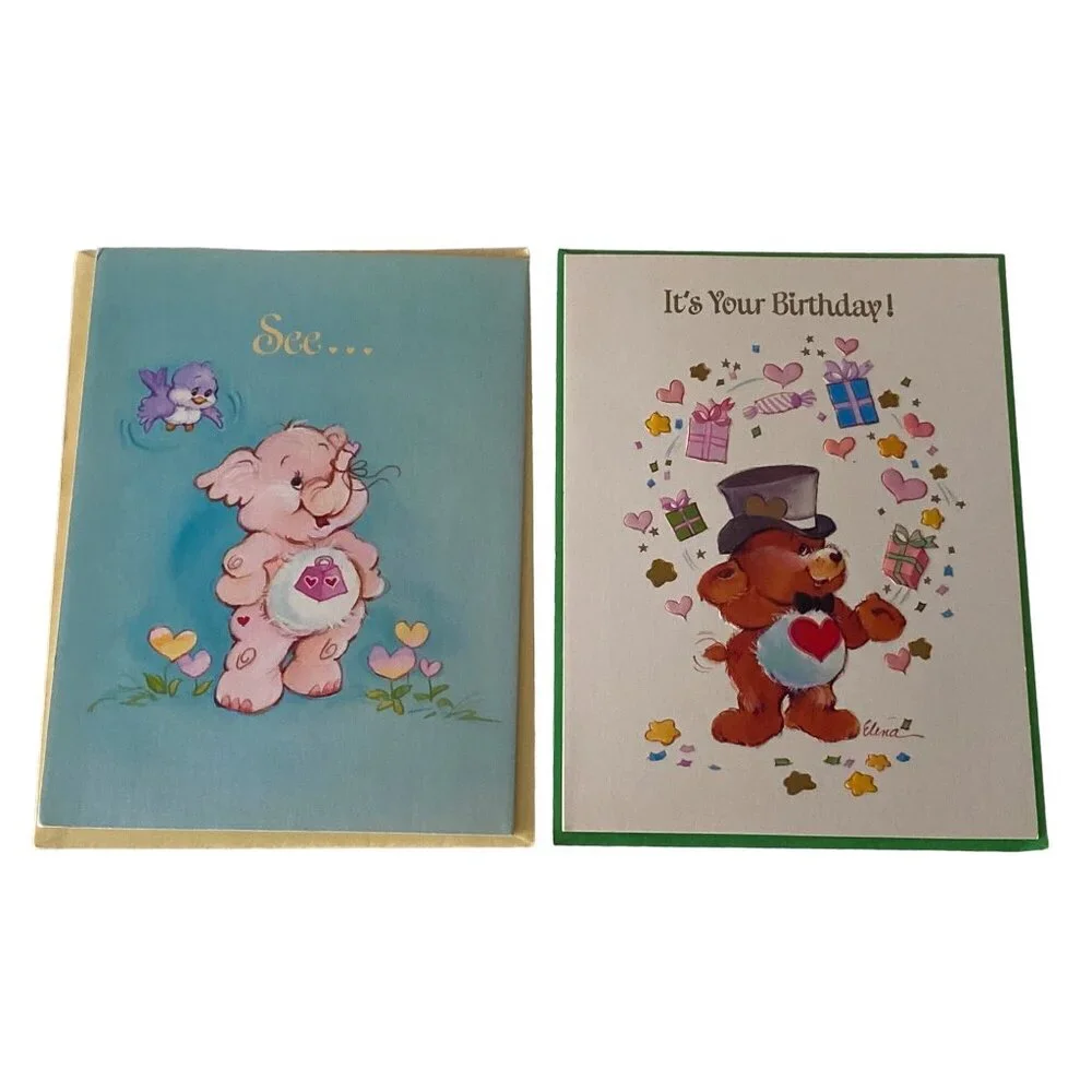 2 VTG American Greetings Cards CAREBEARS Forget Me Not Happy Birthday